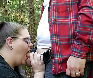 Chubby Nerd Wife Sucks and Swallows in Nature.