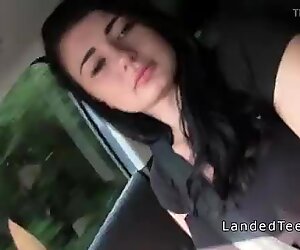 Stranded teen giving handjob in the car while driving