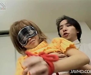 Blindfolded nerdy slut from Japan gets bounded and pussy licked