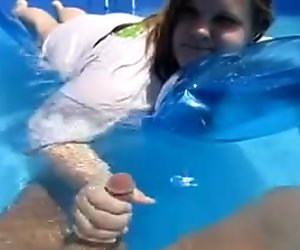 mom sneaks step son underwater handjob & cum underwater swiming in public