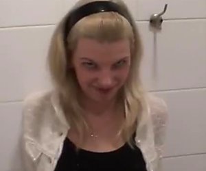 Cheap blond slut gives double mouth fuck in public toilet